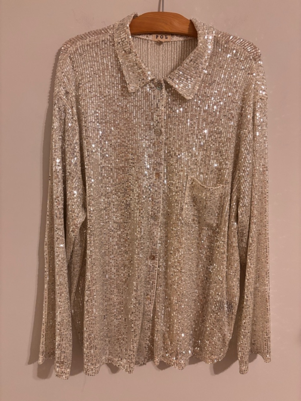 POL Sequined Button-Front Blouse in Champagne Sparkle